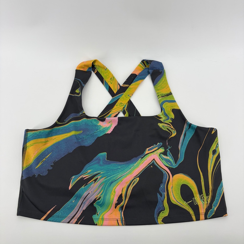 Nike Womens 1X Black Multi Marble Dri-FIT Cross Back Shelf Bra Tank Top
